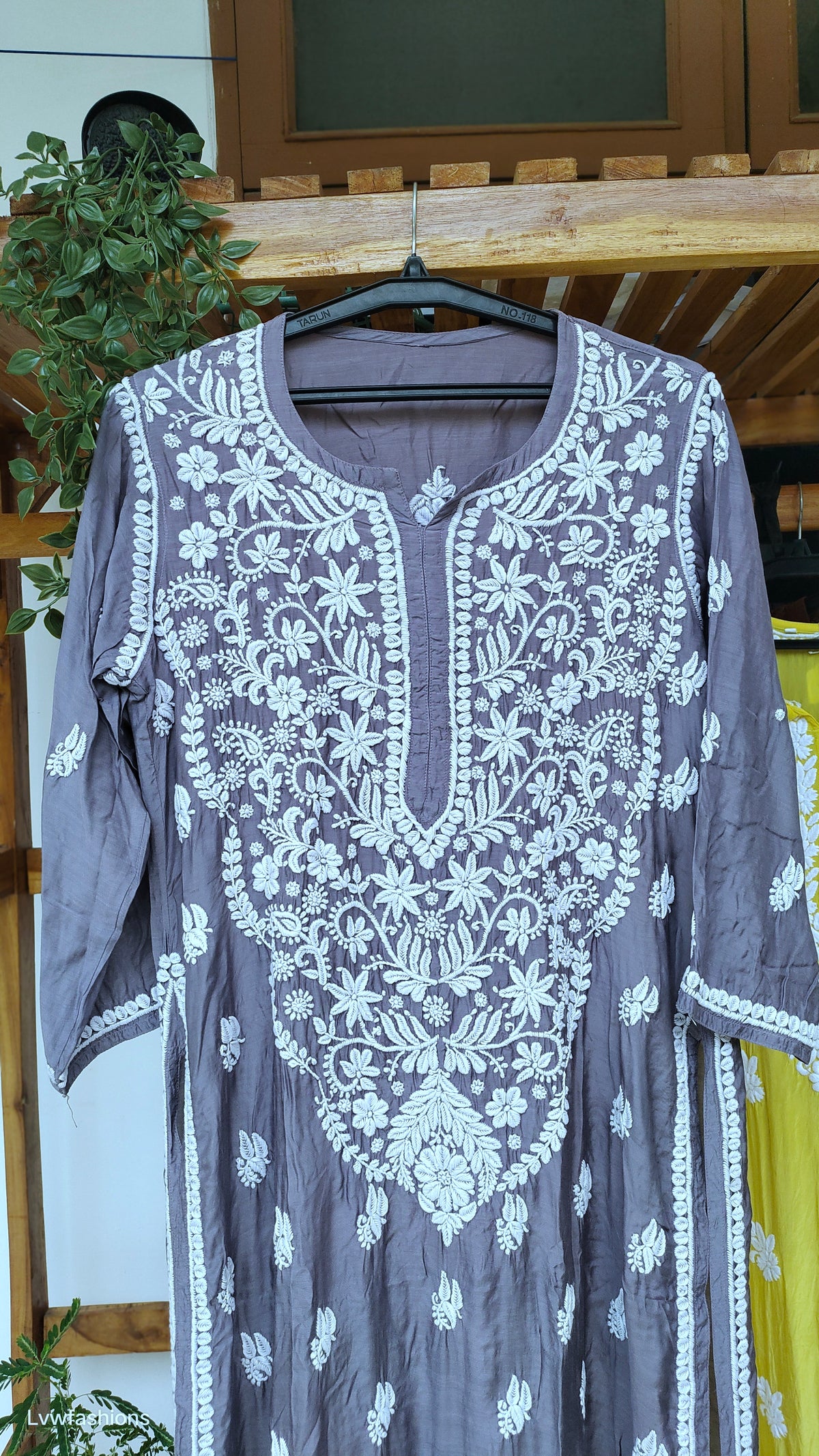 Grayish blue silk Chikankari kurta with heavy neck design, handmade by LVW Fashions, featuring intricate Lucknow Chikankari embroidery.