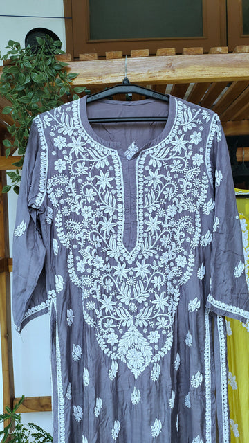 Grayish blue silk Chikankari kurta with heavy neck design, handmade by LVW Fashions, featuring intricate Lucknow Chikankari embroidery.