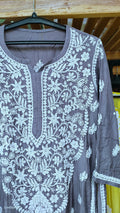 Grayish blue silk Chikankari Kurta with heavy neck design, handcrafted by LVW Fashions, featuring traditional Lucknow embroidery.