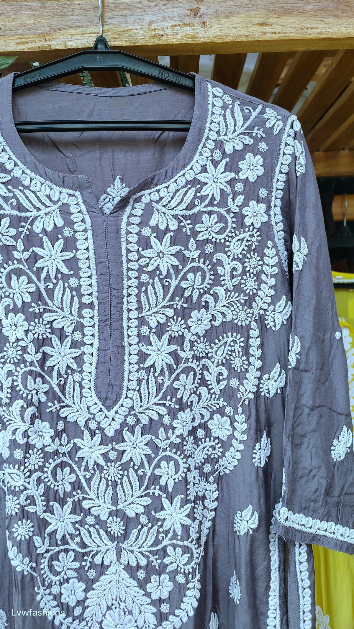 Grayish blue silk Chikankari Kurta with heavy neck design, handcrafted by LVW Fashions, featuring traditional Lucknow embroidery.