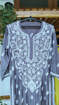 Grayish blue silk Chikankari Kurta by LVW Fashions with heavy neck embroidery, handmade in Lucknow, featuring intricate Chikankari details.