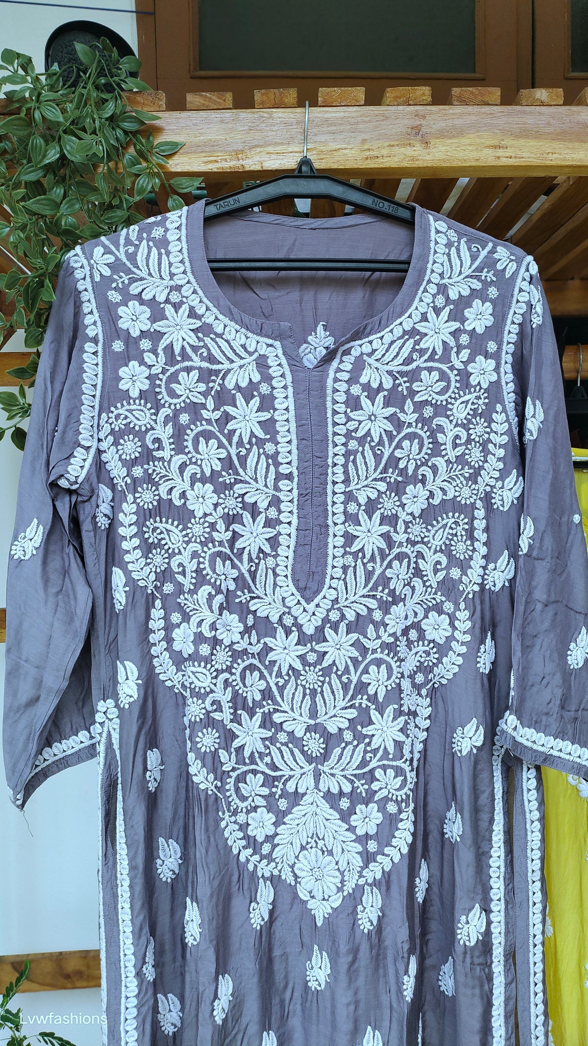 Grayish blue silk Chikankari Kurta by LVW Fashions with heavy neck embroidery, handmade in Lucknow, featuring intricate Chikankari details.