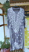 Grayish blue premium silk Chikankari Kurta with heavy neck design, handmade by LVW Fashions featuring traditional Lucknow embroidery.