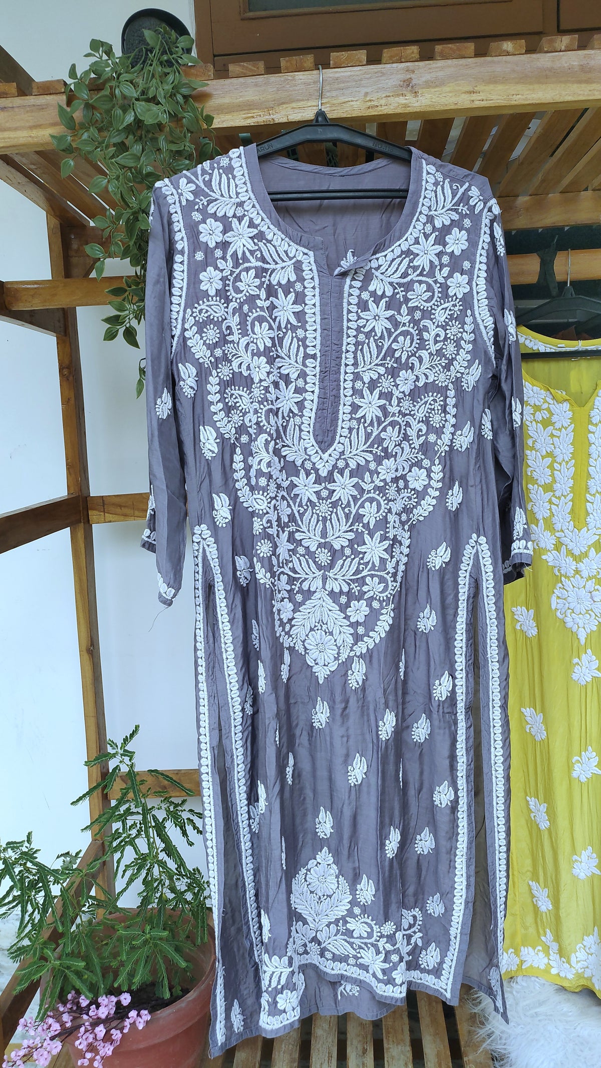 Grayish blue premium silk Chikankari Kurta with heavy neck design, handmade by LVW Fashions featuring traditional Lucknow embroidery.