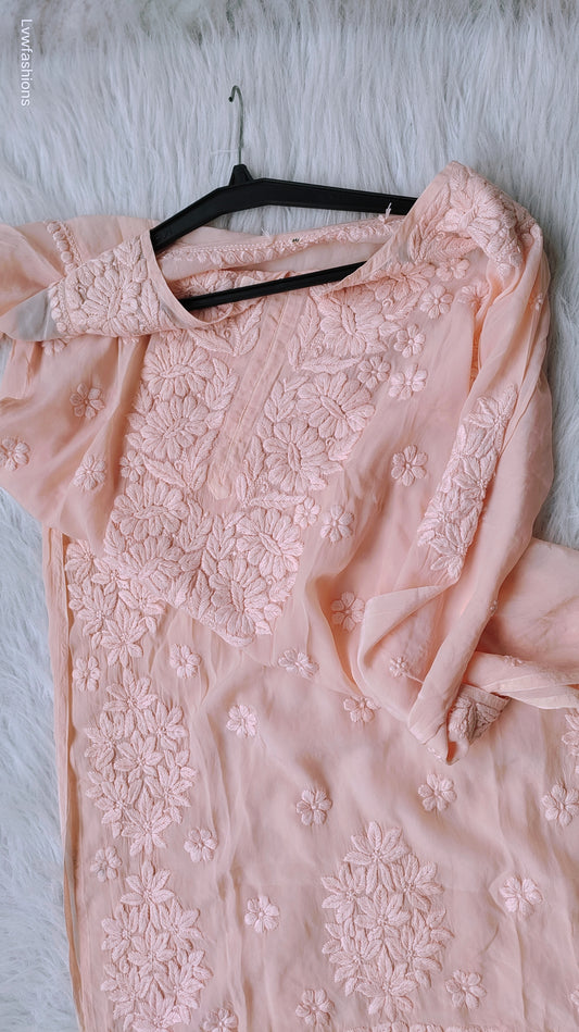 Peach luxury silk long Kurta with intricate handmade Chikankari embroidery by LVW Fashions, traditional Lucknow craftsmanship.