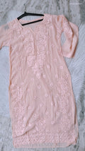 Lavender peach silk long kurta with intricate handmade Lucknow chikankari embroidery by LVW Fashions.