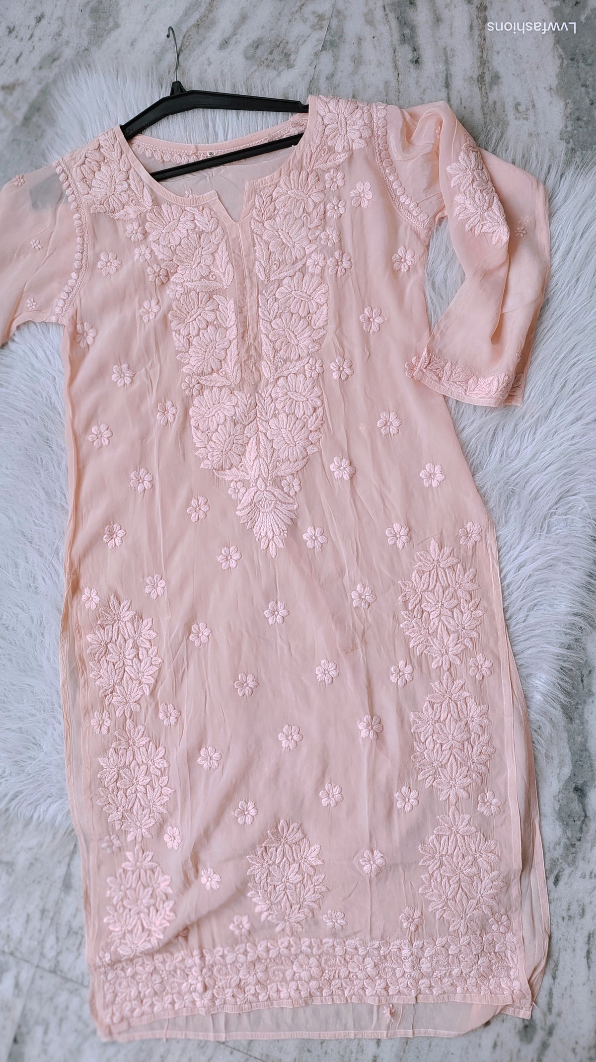 Lavender peach silk long kurta with intricate handmade Lucknow chikankari embroidery by LVW Fashions.