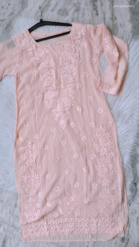 Lavender peach silk long kurta with intricate handmade Lucknow chikankari embroidery by LVW Fashions.