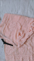 Peach luxury silk long kurta with intricate handmade Chikankari embroidery by LVW Fashions, traditional Lucknow style.