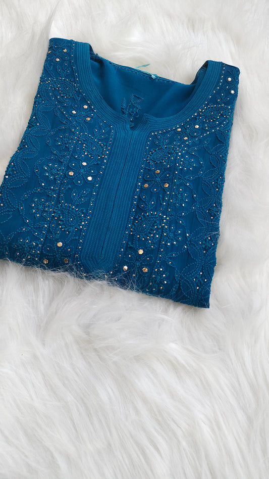 Handcrafted Falak Premium Georgette Chikankari and Mukaish Kurta by LVW Fashions, featuring intricate Lucknow-style embroidery.