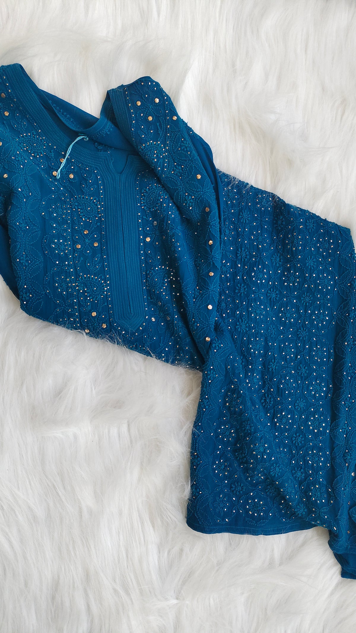 Handcrafted Falak Premium Georgette Chikankari and Mukaish Kurta by LVW Fashions, featuring intricate embroidery and delicate craftsmanship.