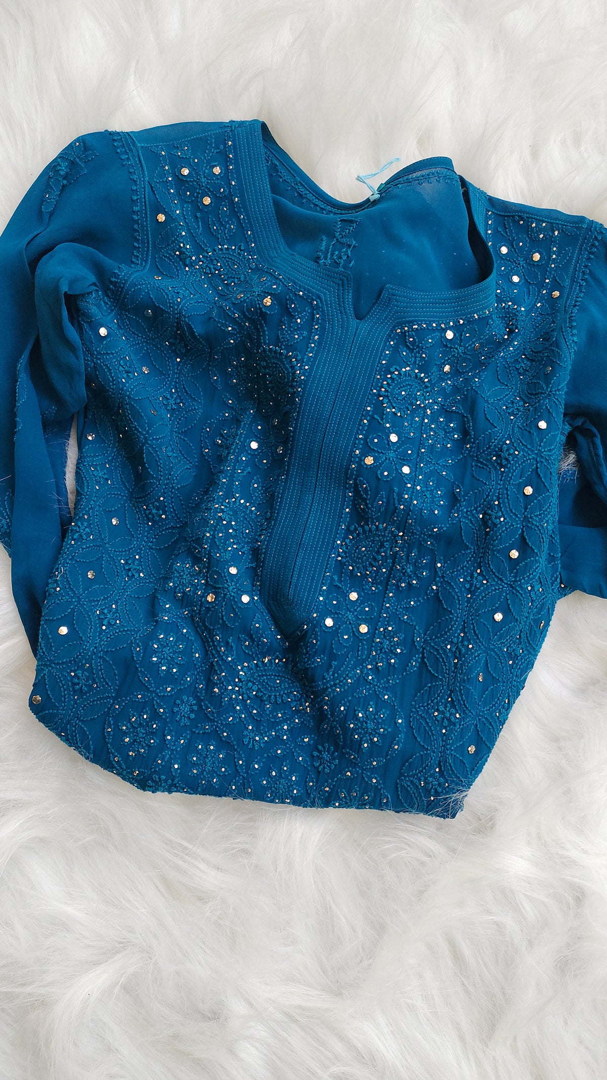 Handcrafted Falak Premium Georgette Chikankari and Mukaish Kurta by LVW Fashions, featuring intricate Lucknow chikankari embroidery.