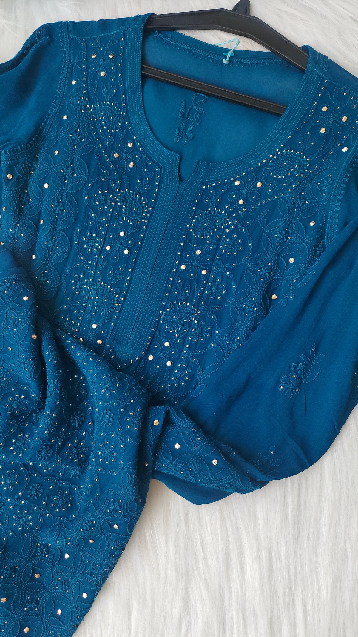 Handcrafted Falak Premium Georgette Chikankari and Mukaish Kurta by LVW Fashions, featuring intricate Lucknow chikankari embroidery.