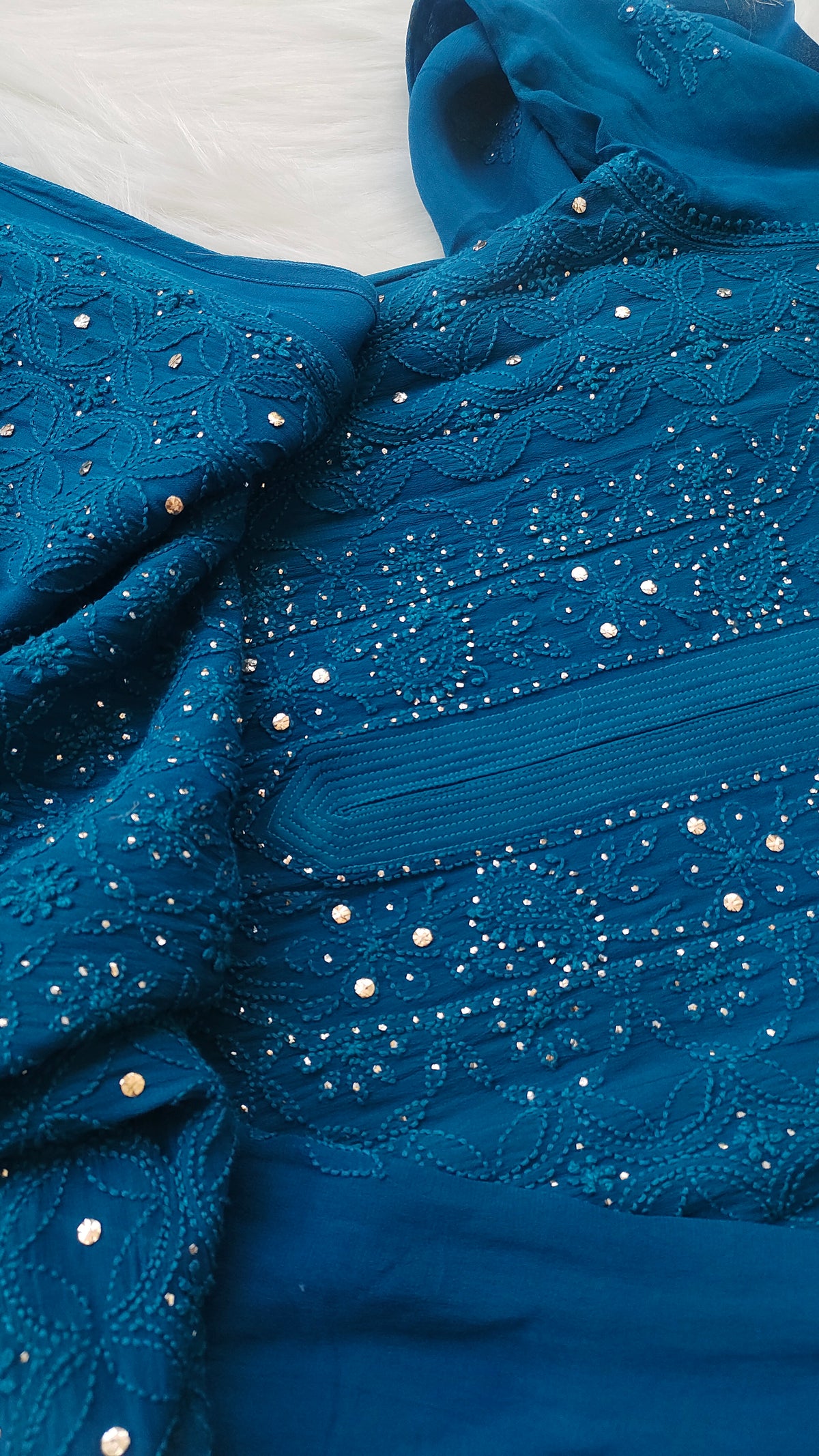 Handcrafted Falak Premium Georgette Chikankari and Mukaish Kurta by LVW Fashions, featuring intricate Lucknow Chikankari details.