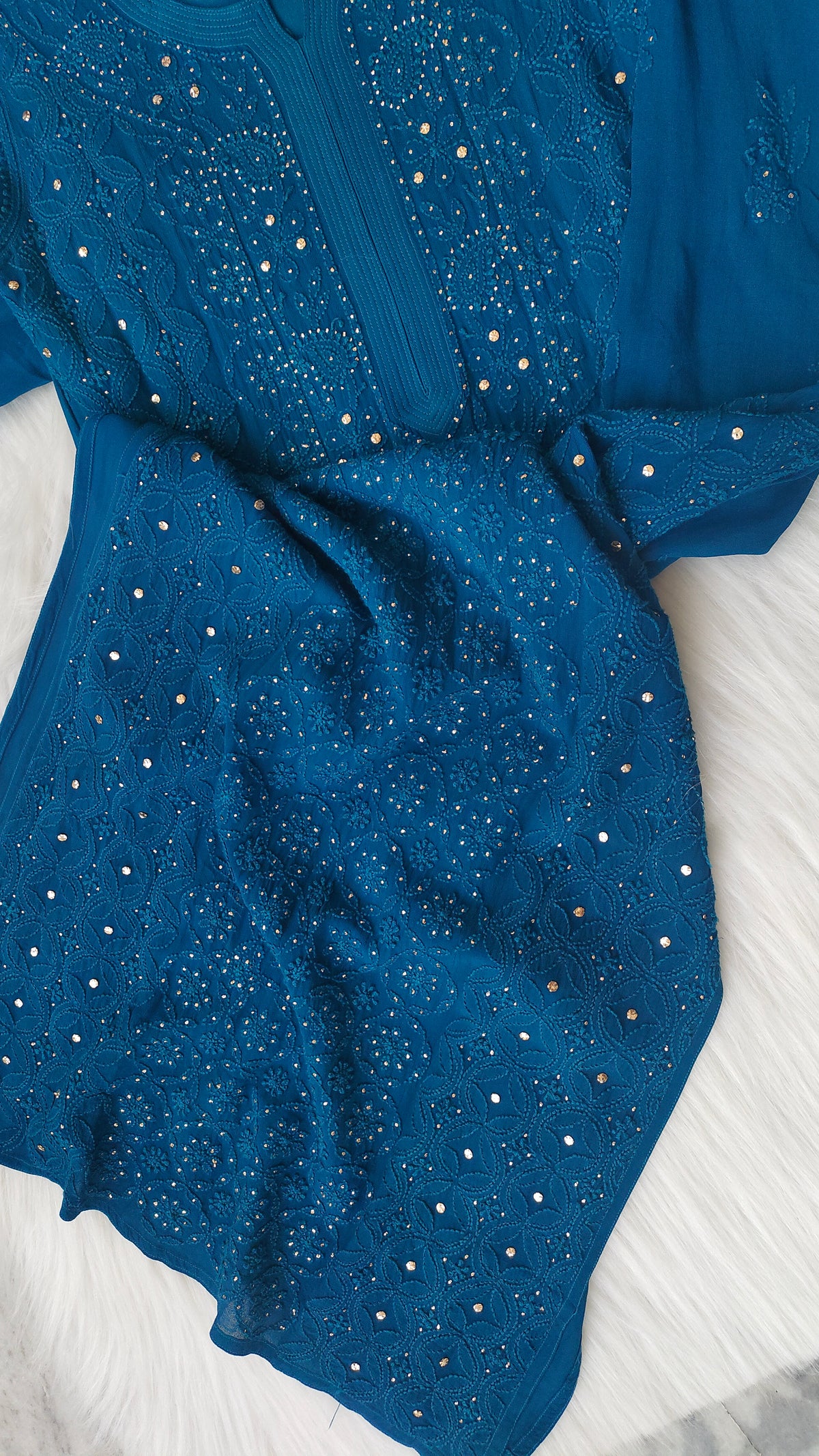 Falak Premium Georgette Chikankari and Mukaish handcrafted Kurta by LVW Fashions, featuring traditional Lucknow Chikankari details.
