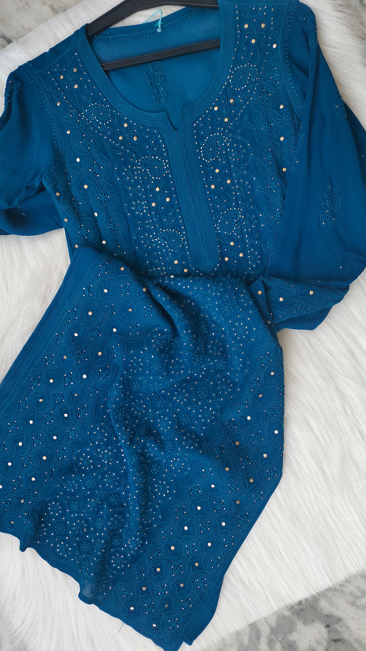 Handcrafted Falak Georgette Chikankari and Mukaish Kurta by LVW Fashions, featuring intricate embroidery and traditional Lucknow craftsmanship.