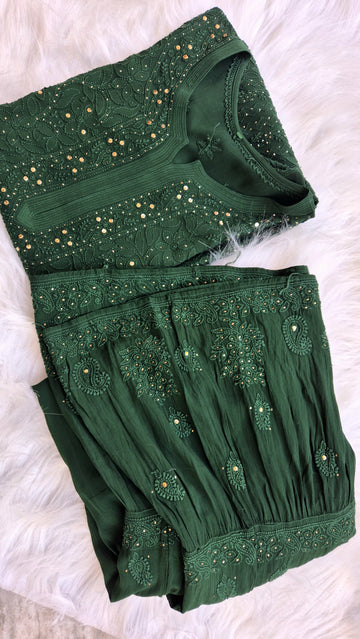 Handmade Chikankari Kurta and luxurious Gharara set in premium georgette by LVW Fashions, featuring intricate Lucknow embroidery.