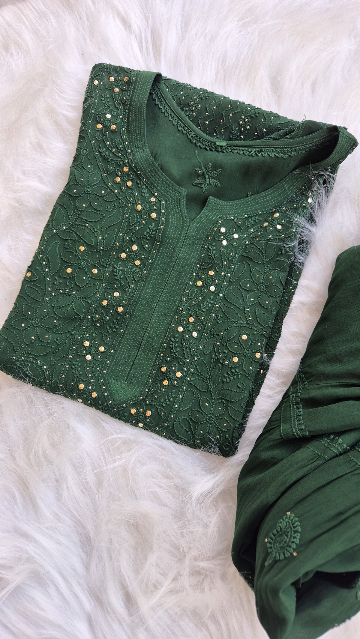 Handmade Lucknow Chikankari kurta with luxurious georgette gharara set by LVW Fashions, showcasing intricate embroidery and elegant design.