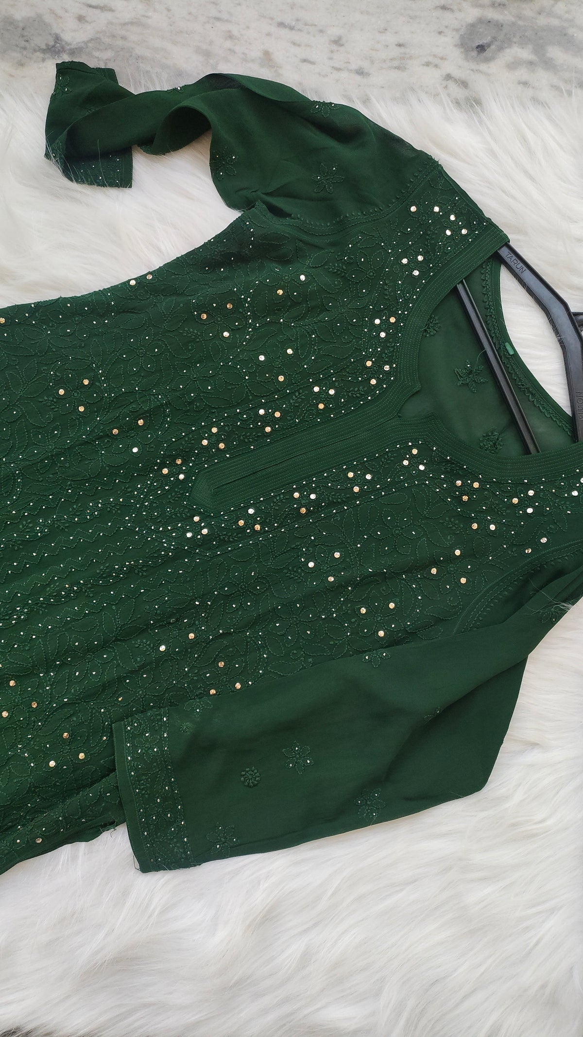 Handmade Lucknow Chikankari kurta and luxurious georgette Gharara set by LVW Fashions, featuring intricate embroidery and elegant design.