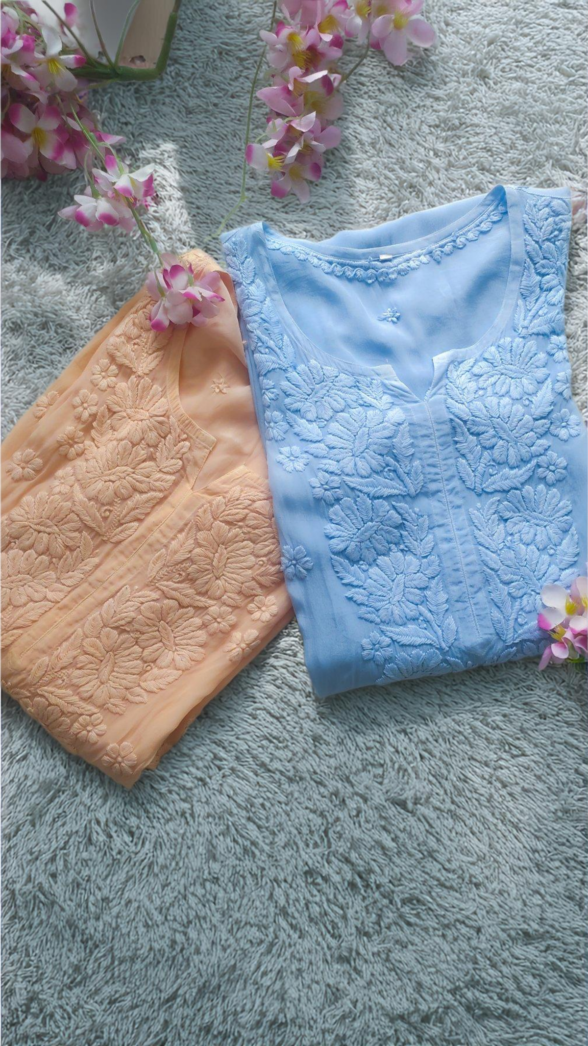 Handmade Falaq Premium Silk Chikankari Long Kurta with slit embroidery, featuring intricate Lucknow-style chikankari embroidery.