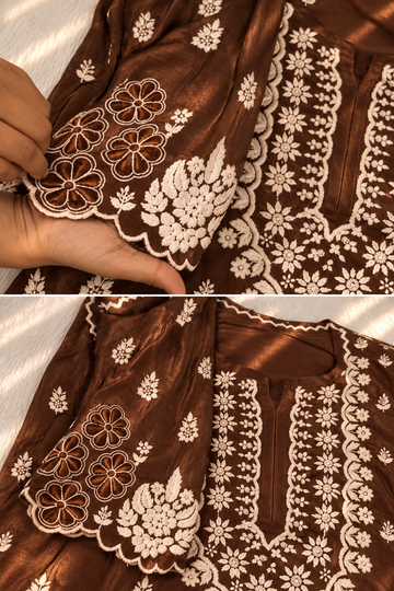 Falown Sarah With back And Sleeves Cutwork Pure Handcrafted Chikankari Kurti Special