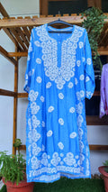 Farah Blue silk Chikankari long kurta with intricate back embroidery, handmade by LVW Fashions, featuring luxurious traditional Lucknow craftsmanship.