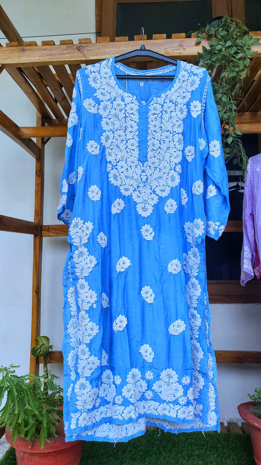 Farah Blue silk Chikankari long kurta with intricate back embroidery, handmade by LVW Fashions, featuring luxurious traditional Lucknow craftsmanship.
