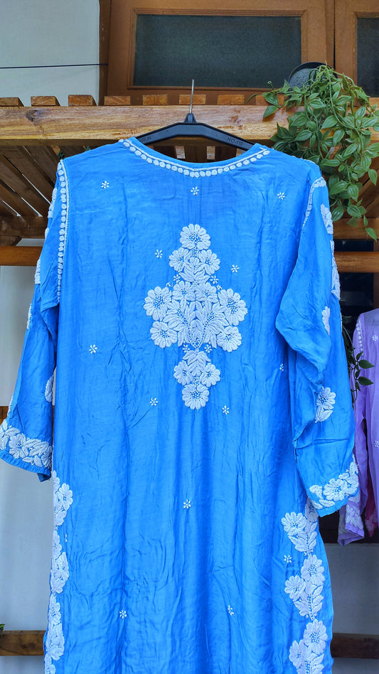 Blue premium silk Farah long Chikankari Kurta with luxurious look and unique back embroidery, handmade by LVW Fashions from Lucknow.
