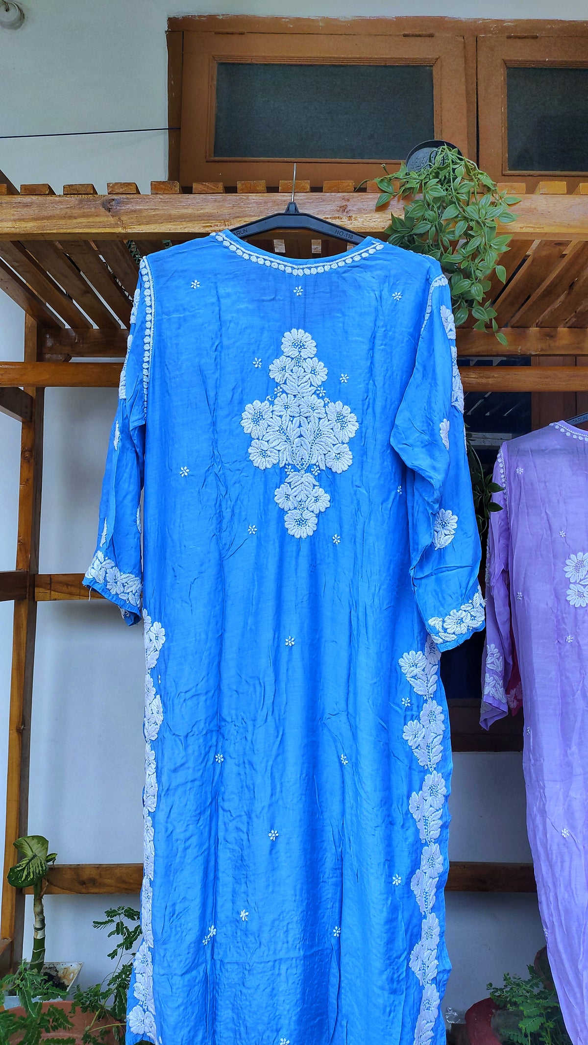 Farah Blue LVW Fashions silk long Kurta with intricate Lucknow Chikankari and unique back embroidery, luxurious handmade design.