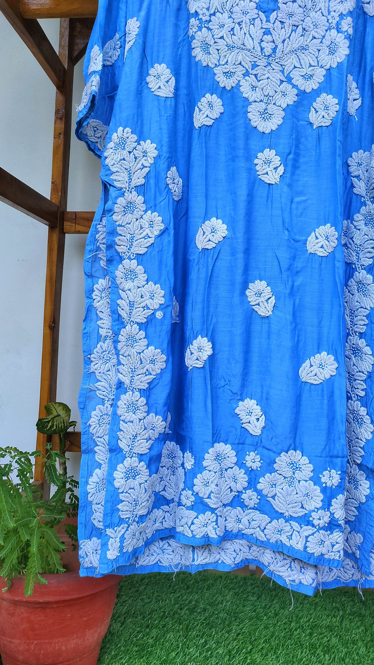 Farah Blue Luxurious Silk Chikankari Long Kurta with intricate back embroidery by LVW Fashions, handmade Lucknow Chikankari design.
