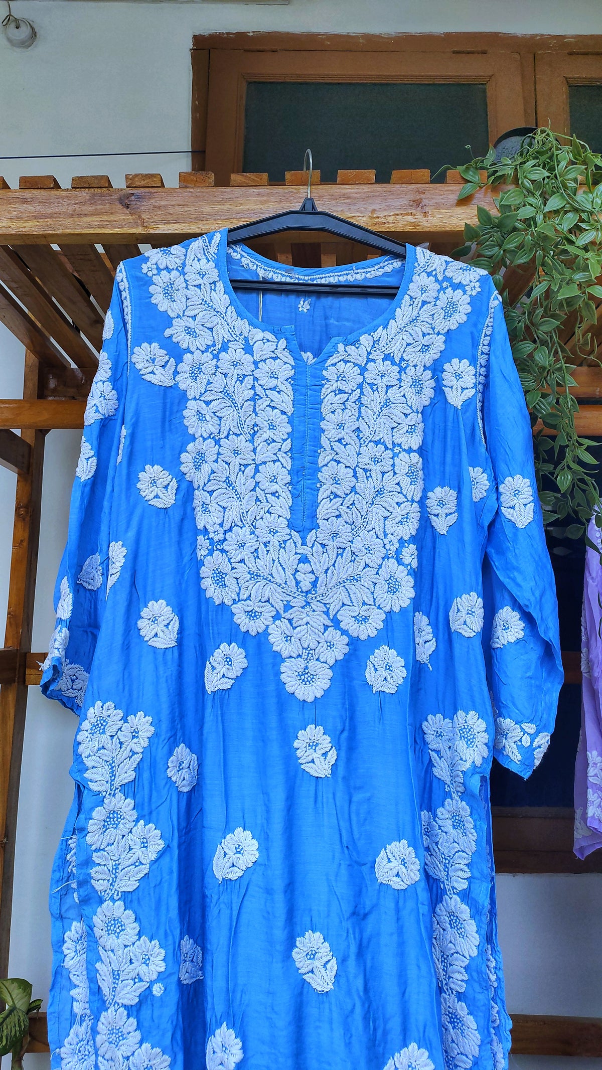 Farah Blue Silk Chikankari Long Kurta with unique back embroidery, handmade by LVW Fashions, featuring luxurious traditional Lucknow craftsmanship.