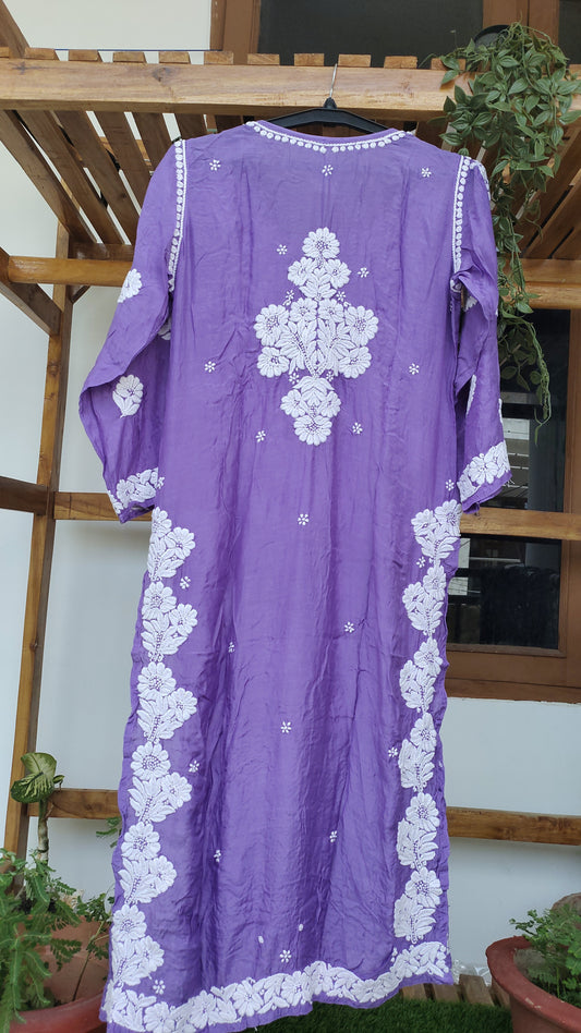 Deep purple luxury silk Kurta with intricate Lucknow Chikankari embroidery and unique back design by LVW Fashions.