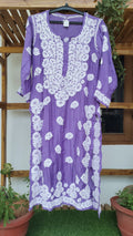 Deep purple luxury silk Chikankari long kurta with intricate back embroidery by LVW Fashions, handmade Lucknow Chikankari design.