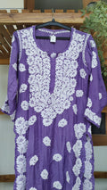 Deep purple luxurious silk Farah Chikankari long kurta with intricate back embroidery, handmade by LVW Fashions from Lucknow.