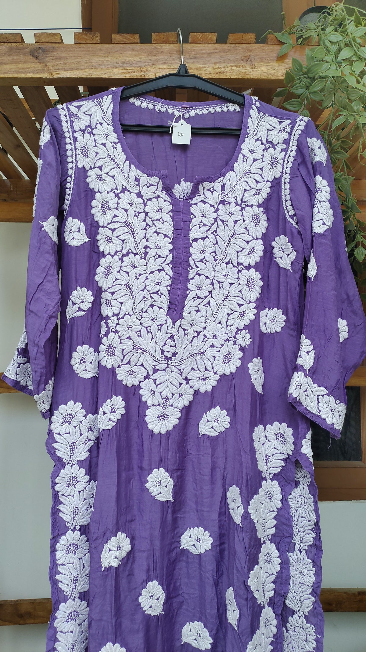Deep purple luxurious silk Farah Chikankari long kurta with intricate back embroidery, handmade by LVW Fashions from Lucknow.