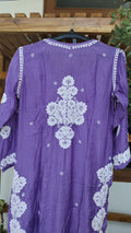 Deep purple luxurious silk kurta with intricate Lucknow chikankari embroidery and unique back design by LVW Fashions.