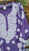 Deep purple silk long kurta with hand-embroidered Lucknow chikankari, featuring unique back embroidery and luxurious look by LVW Fashions.