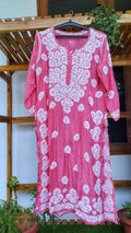 Hot pink luxury silk Farah long kurta with intricate Lucknow chikankari embroidery and unique back design from LVW Fashions.