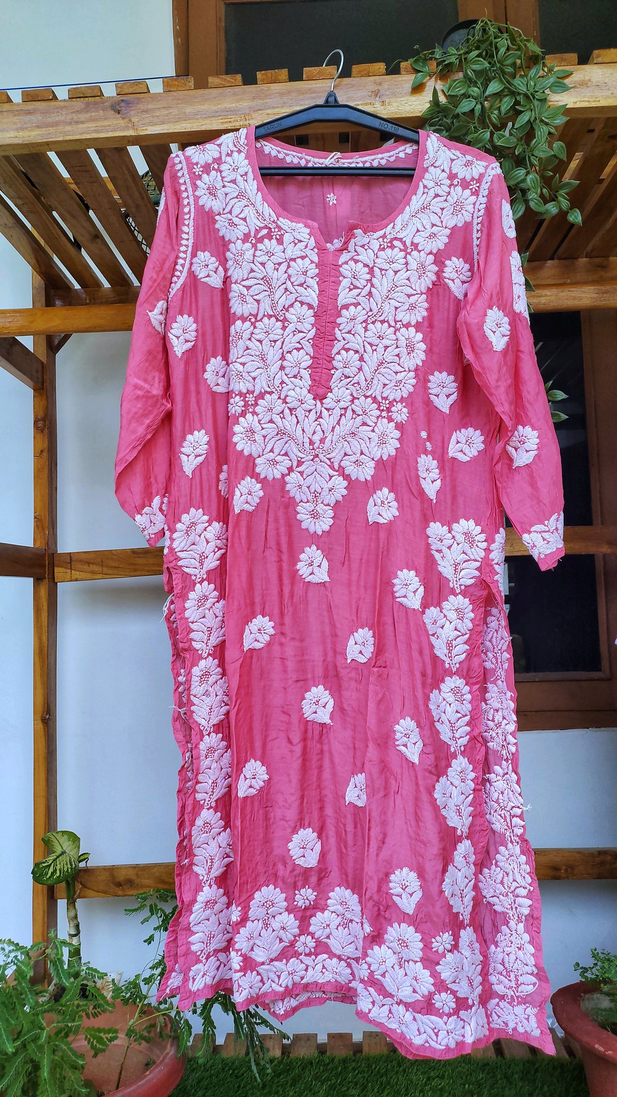 Hot pink luxury silk Farah long kurta with intricate Lucknow chikankari embroidery and unique back design from LVW Fashions.