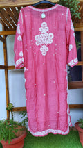 Hot pink LVW Fashions silk long kurta with intricate Lucknow Chikankari and unique back embroidery, luxurious handmade design.