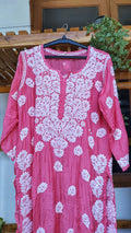 Hot pink premium silk Chikankari long kurta with intricate back embroidery from LVW Fashions, handmade Lucknow Chikankari style.