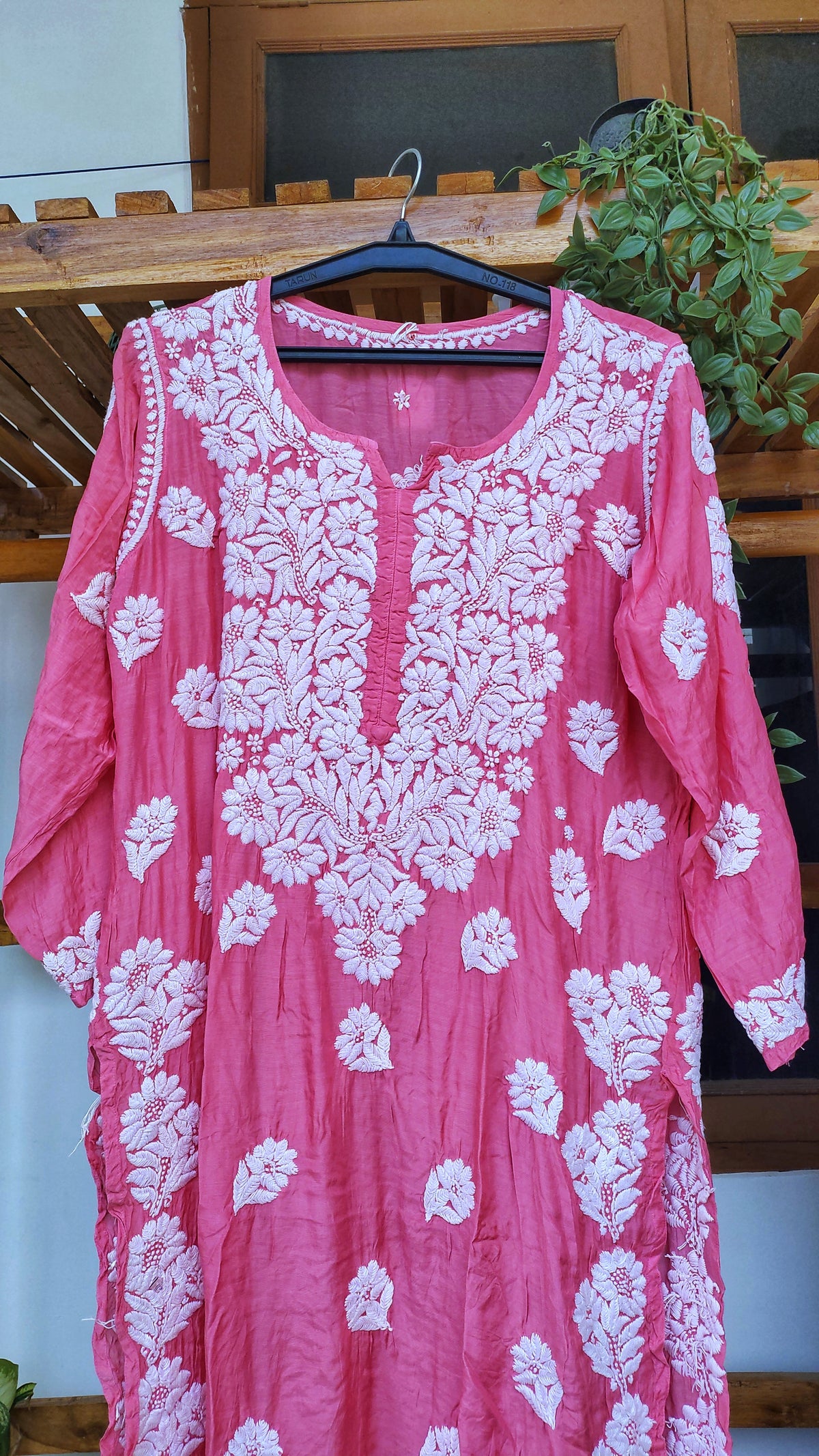 Hot pink premium silk Chikankari long kurta with intricate back embroidery from LVW Fashions, handmade Lucknow Chikankari style.