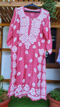 Hot pink silk Kurta with intricate Lucknow Chikankari embroidery and unique back design, handmade by LVW Fashions.