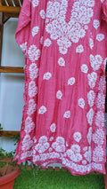 Hot pink silk long kurta with intricate Lucknow chikankari embroidery and unique back design by LVW Fashions.