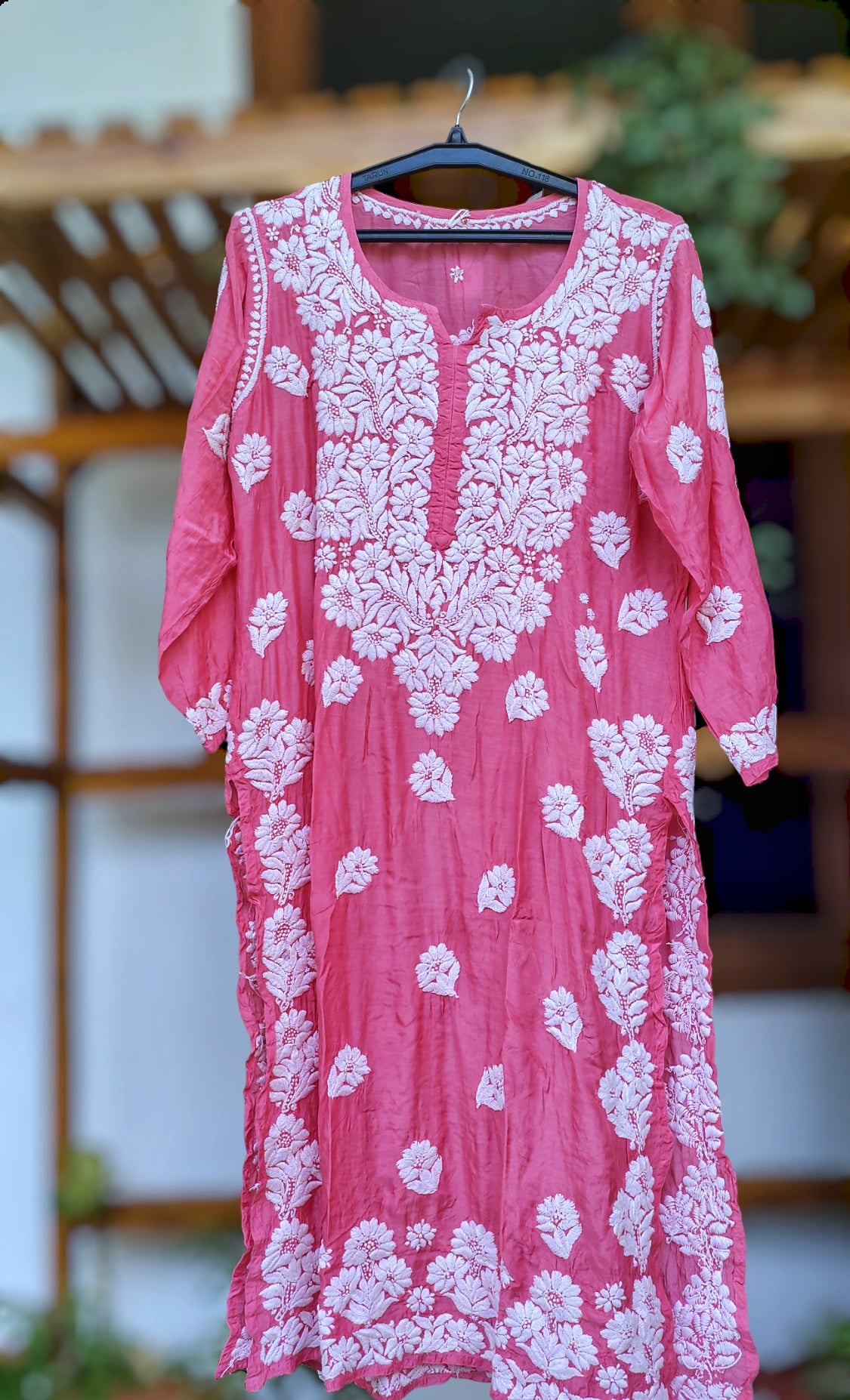 Hot pink LVW Fashions silk chikankari long kurta with intricate back embroidery, luxurious look, handmade Lucknow style.