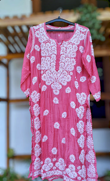 Hot pink LVW Fashions silk chikankari long kurta with intricate back embroidery, luxurious look, handmade Lucknow style.