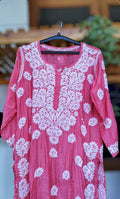 Hot pink luxury silk Kurta with intricate back embroidery, handmade Chikankari by LVW Fashions, long length, premium quality.