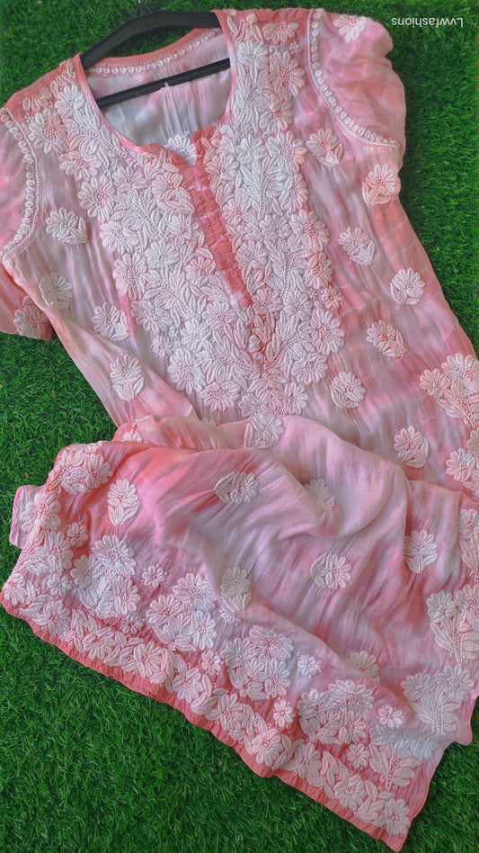 Handmade peach silk Kurta with Tye Dye and intricate Lucknow Chikankari embroidery by LVW Fashions.