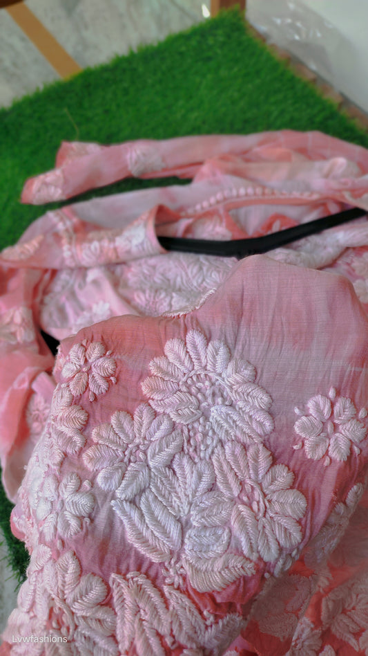 Luxurious peach silk Chikankari Kurta by LVW Fashions featuring Tye Dye pattern and intricate handmade Lucknow embroidery.