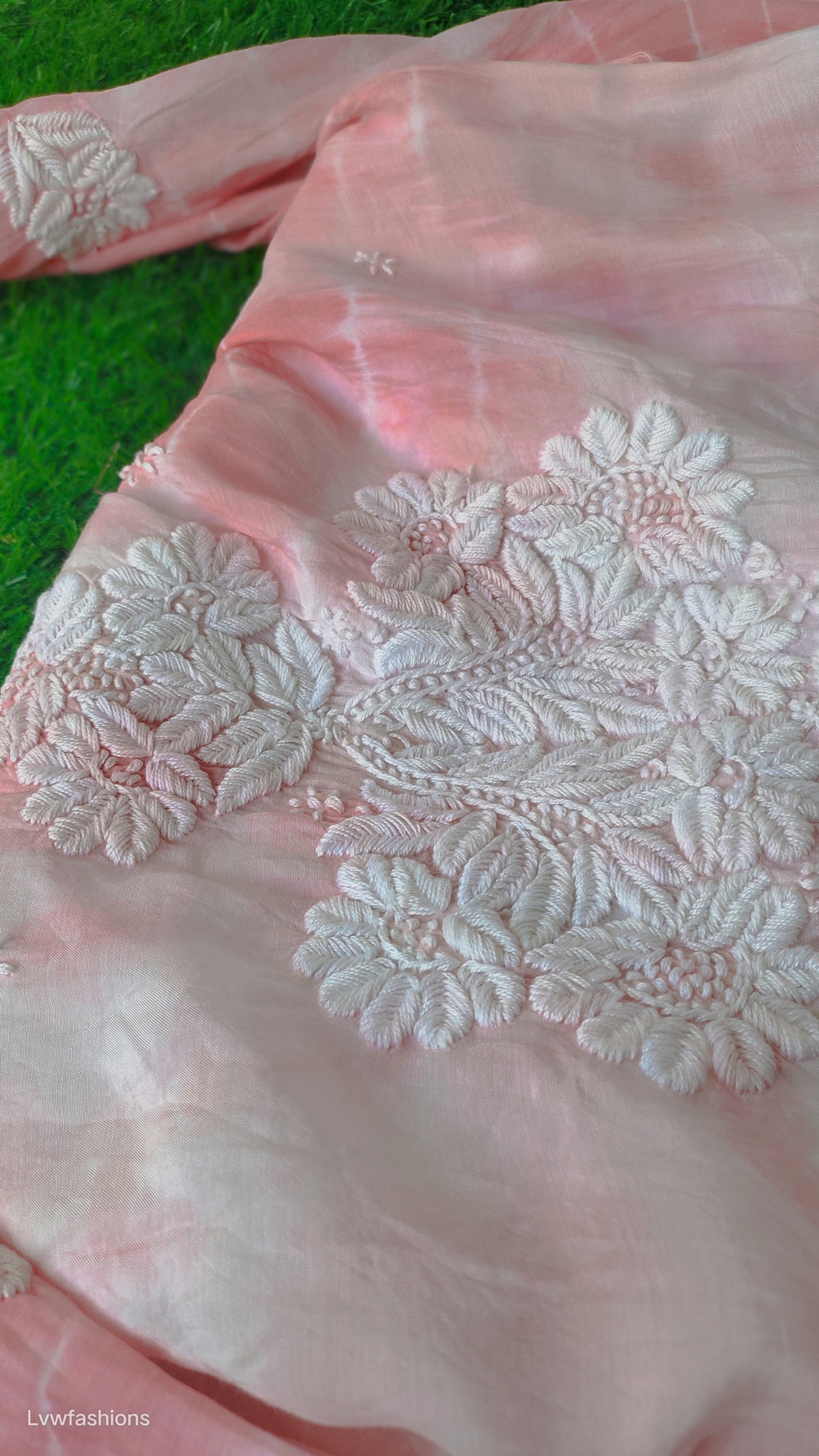 Handmade peach silk Chikankari Kurta by LVW Fashions with Tye Dye design, soft luxurious look, traditional Lucknow embroidery.